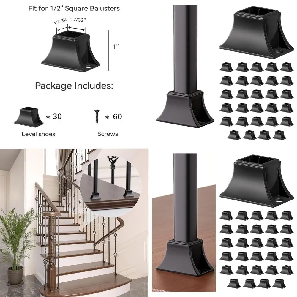 

1/2 Square Iron Baluster Shoes, Satin Black, for Staircase Interior Use