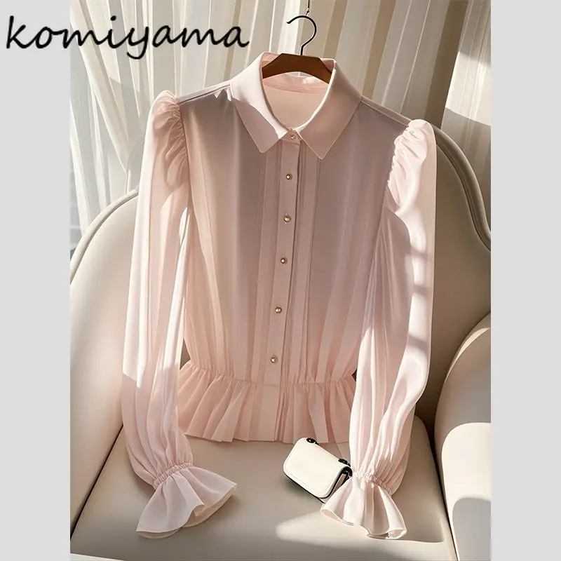 Pleated Long Flare Sleeved Blusas Mujer Laple Neck Shirts & Blouses Exquisite Button Women Clothing Beautiful Camisas Ropa