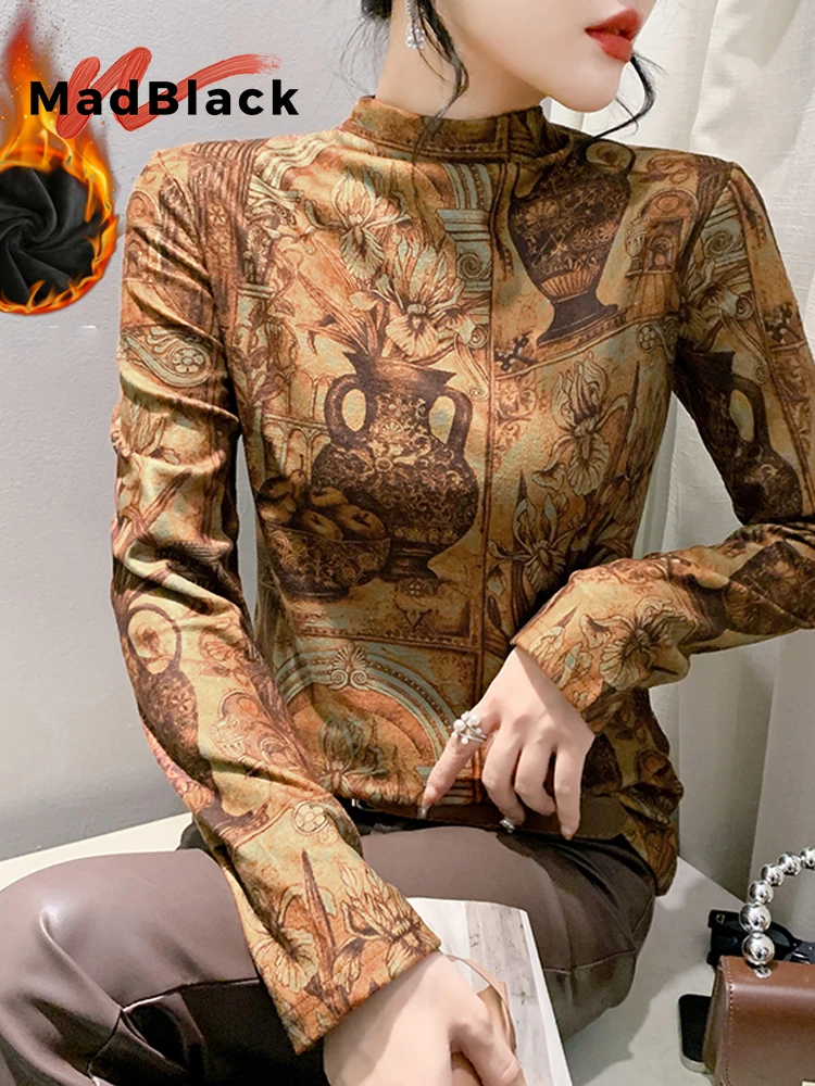 

MadBlack-женская флисовая футболка в европейском стиле, сексуальный воротник с принтом, винтажная тонкая футболка M-3XL с длинными рукавами, новинка зимы 2025 года T5N483CC