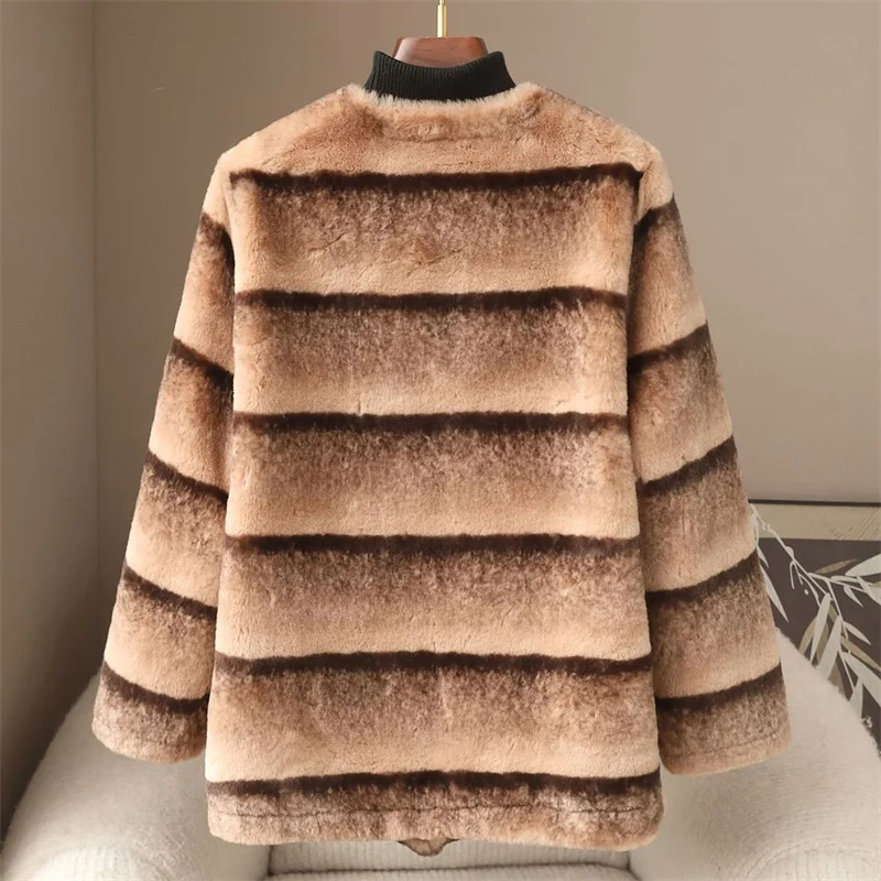 2026 Striped Faux Fur Coat For Women Artificial Gold Mink Fur Overcoat Autumn And Winter Faux Mink Fur Warm Top Female Outcoat