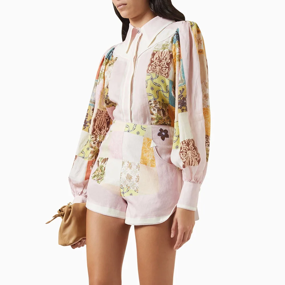 TWOTWINSTYLE, conjuntos de dos piezas con estampado de colores para mujer, solapa, manga larga, retazos, Top de una botonadura, pantalones cortos, conjunto femenino nuevo