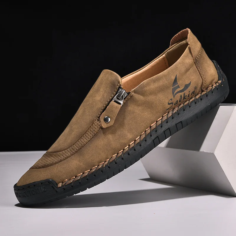 Men's Shoes New side-zip casual shoes Large size soft sole with hand-stitched seams