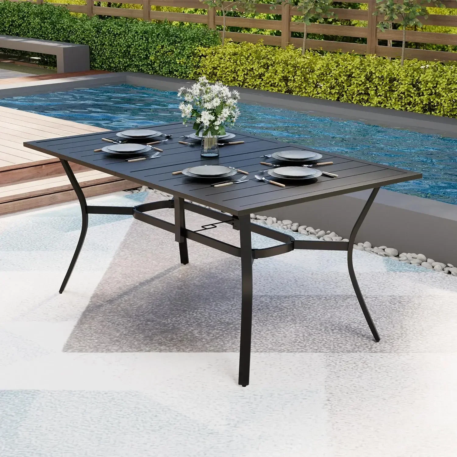 63''x38'' Outdoor Dining Table for 6, E-Coating Metal Patio Dining Table with 1.57'' Umbrella Hole, All-Weather Black Rectangula