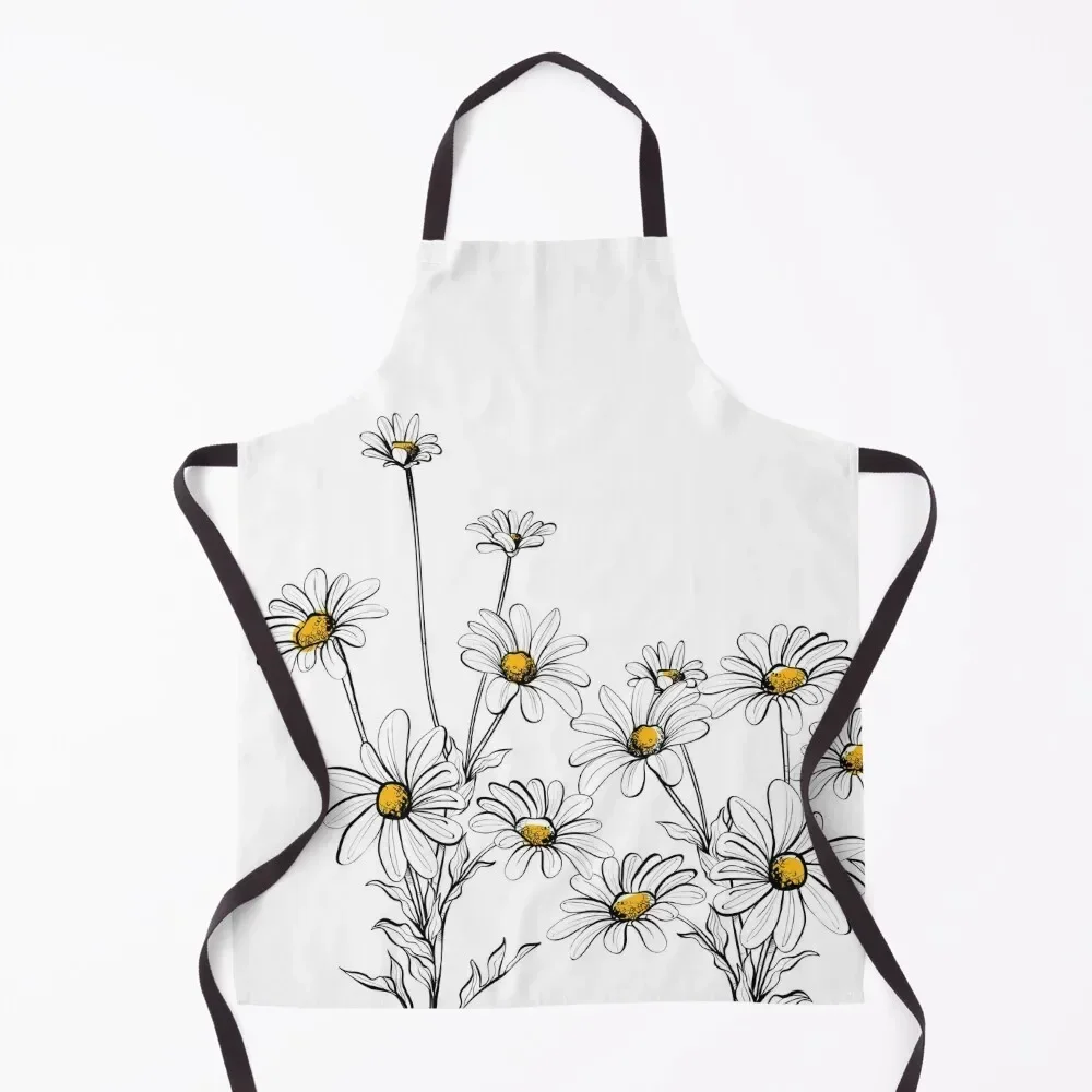 

White Daisies flowers, Seamless hand drawn pattern with white daisies and green foliage on white background. Apron