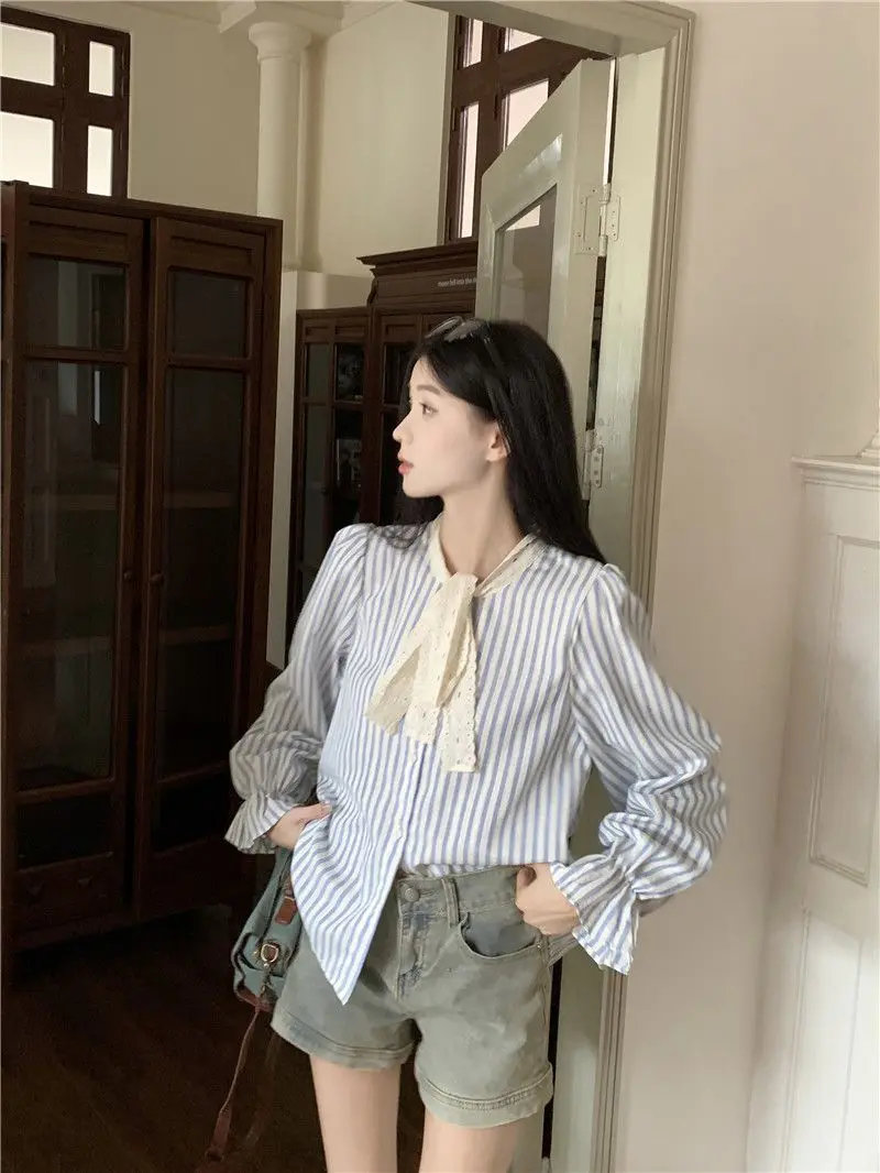 

Рубашки с длинным рукавом, женские шифоновые топы большого размера, рукава-фонарики на пуговицах, облегающие плиссированные подол в горошек, консервативный женский ретро