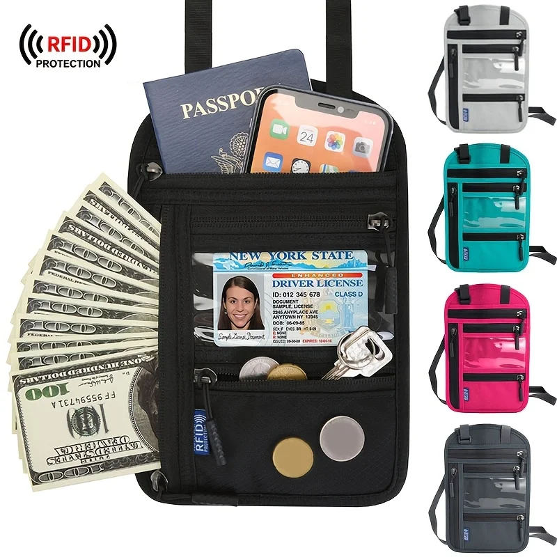 Portefeuille de voyage avec protection RFID, doté d’une sangle réglable, fabriqué en nylon, avec compartiments à fermeture éclair pour ranger l’argent, les cartes de crédit et les documents.