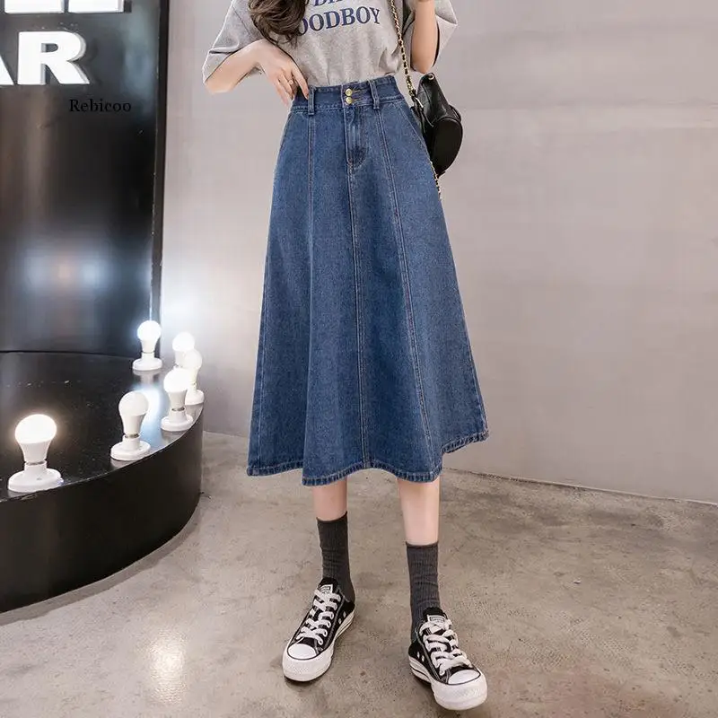 Women's 2021 Hole Make Classic Antique Denim Midi Skirt Spring Loose Casual Skirt