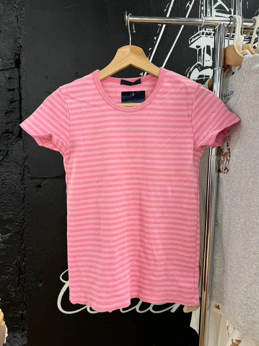 Pink Striped Slim T-shirt Women Casual Summer O-Neck Short  Sleeve Tee Shirts Female Sweet Cute Preppy Style Cotton Tshirts Y2k