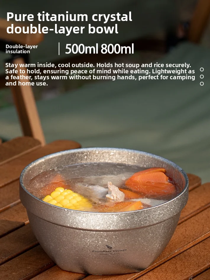 

Pure Titanium Crystal Outdoor Bowl Double Layer Portable Picnic Soup Bowl Heat Insulation High End Tableware Cam Gear