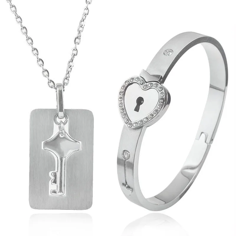 New Style Couple Concentric Lock Bracelet Key Love Heart-Shaped Set Key Necklace Couple Multi Color Stainless Steel Bracelet