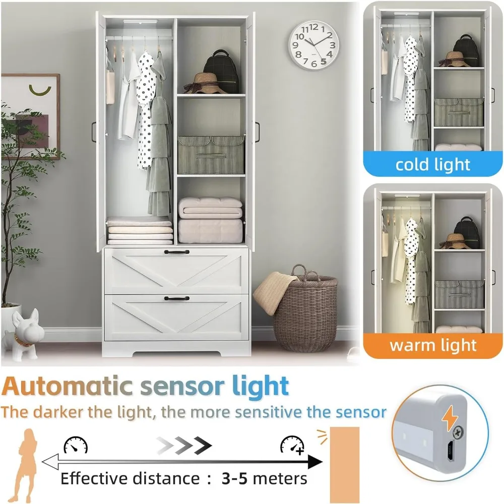 Armário de porta dupla de 72 polegadas com gavetas e espelho para armazenamento de quarto