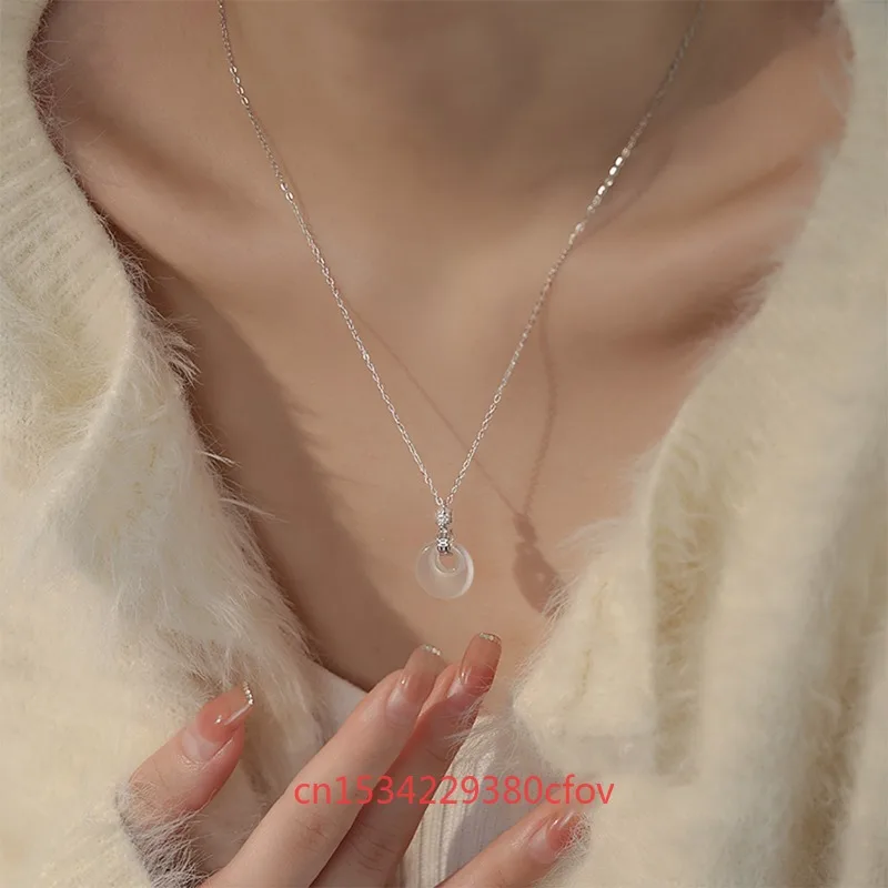 Natuurlijke Agaat Jade Chalcedoon Donuts Hanger Claviculaire Ketting Charmant S999 Zilveren Sieraden Etnische Stijl Cadeau Voor Vrouwen