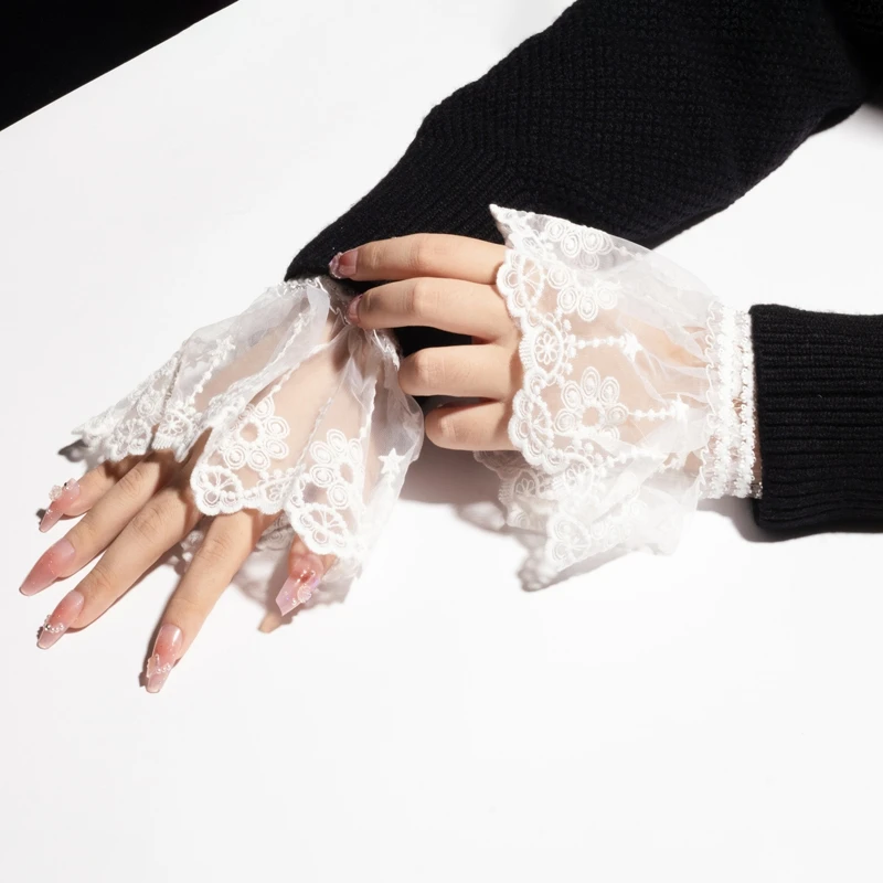 1pair White Mesh Tulle Decorative Wrist Cuffs Woman Sweater Shirt Flared Fake Sleeve Clothing Accessory