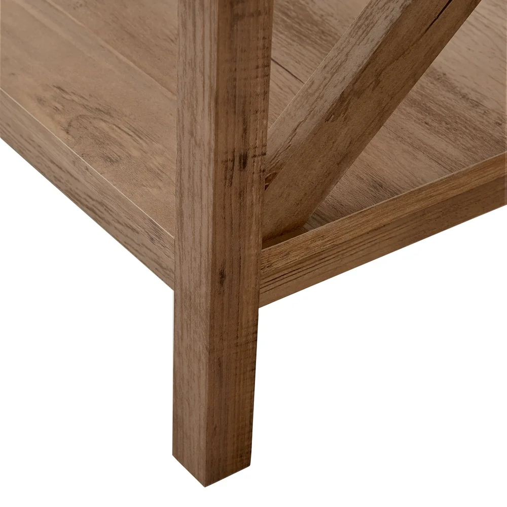 Farmhouse Square Side Table with Storage X-Brace Design Rustic Weathered Oak Indoor End Table Easy Assembly