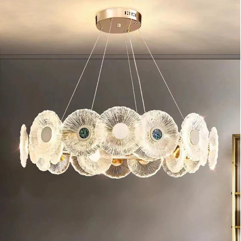 

Modern Luxury Paige Chandelier Beautiful Living Room Bedroom Disc Hanging Light Lotus Leaf Art Clear Glass Light Fixture