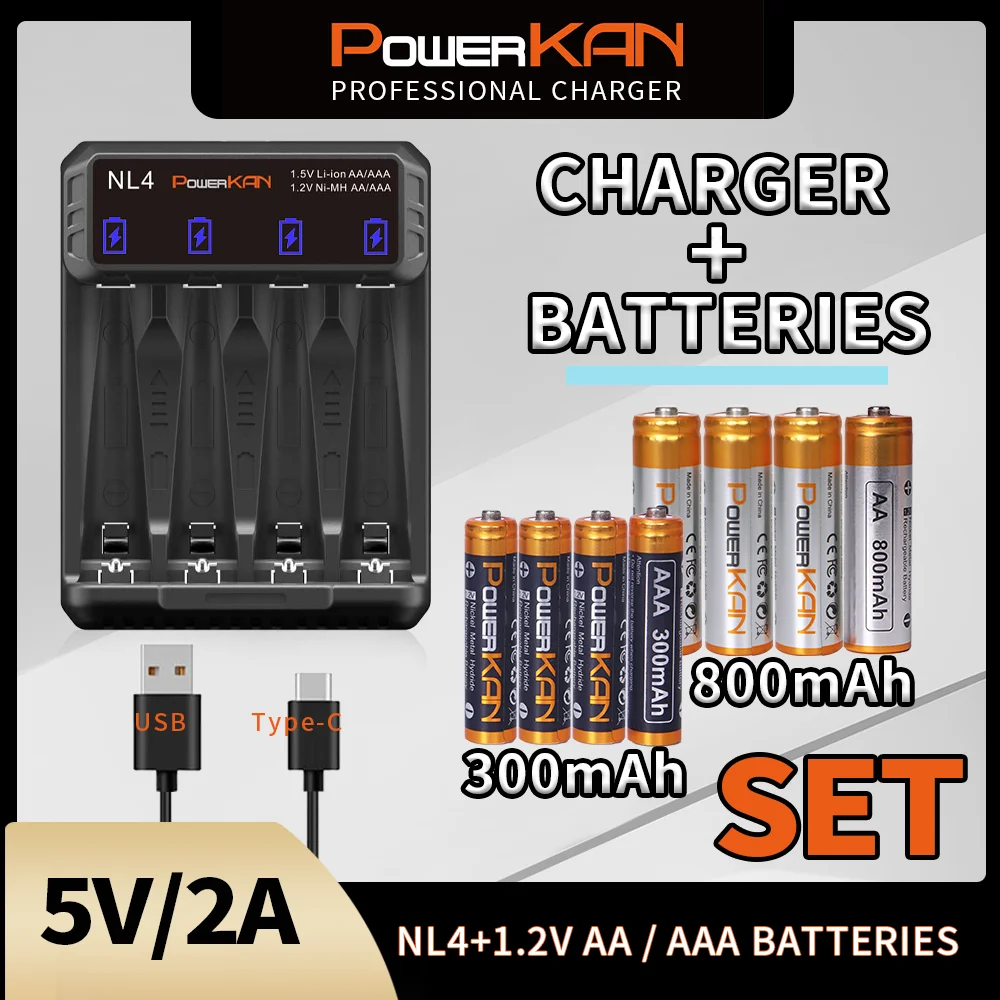 Powerkan Compo Set NL4 Charger with Rechargeable 4pcs AA AAA NiMH Battery Widely Used Household Chargeing for Everyday Devices