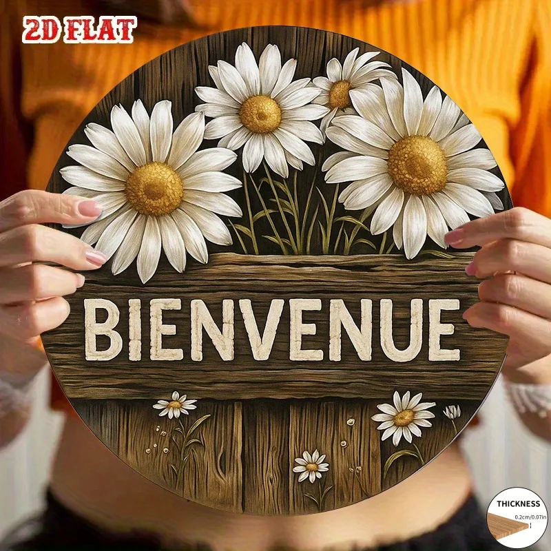 2D Flat - A 2D Vintage French Welcome Sign - Round Wooden Wall Decor Featuring Daisies And The Word 'BIENVENUE', in a Rustic Cot