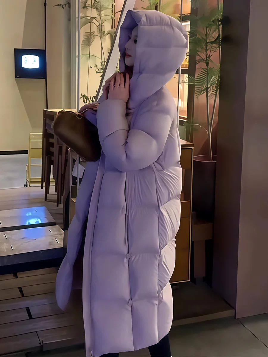 

Новая женская зимняя куртка-пуховик с капюшоном, длинная, фиолетовая, в корейском стиле, с белым пухом, универсальная, теплая, пушистая верхняя одежда