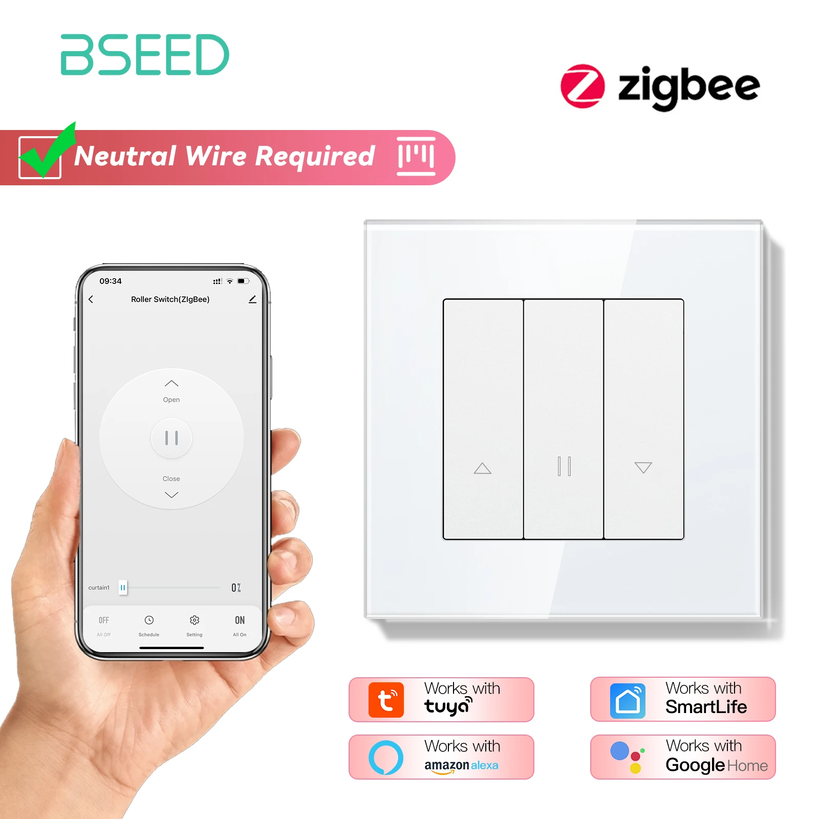 BSEED Zigbee Shutter-Schalter-Serie: Intelligente Wand-Klickschalter mit gelber Hintergrundbeleuchtung, Glasrahmen, Tuya APP, Rollenschalter, EU-Wandsteckdosen 8