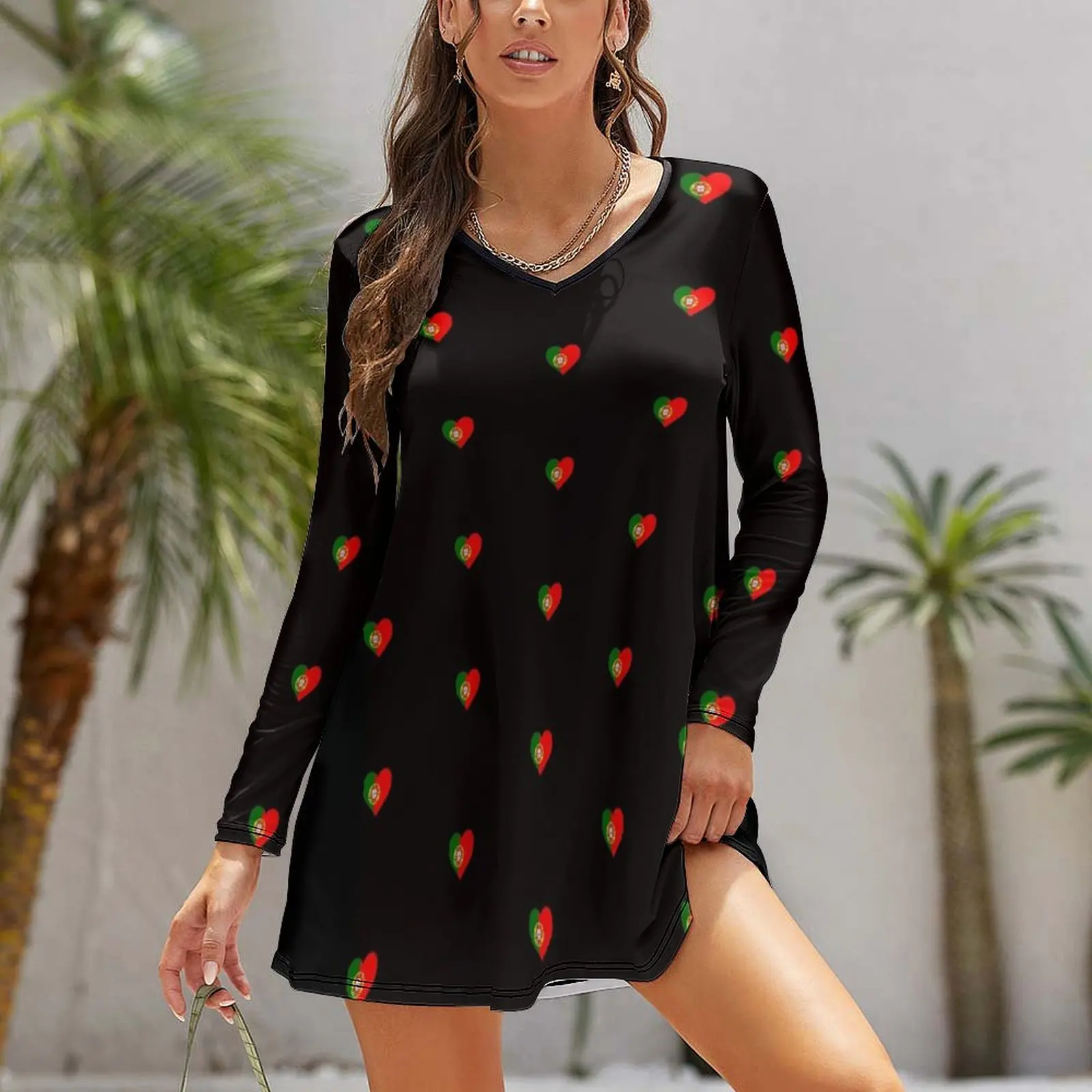 Portuguese Flag Heart Long Sleeved Loose Dress long dresses for women