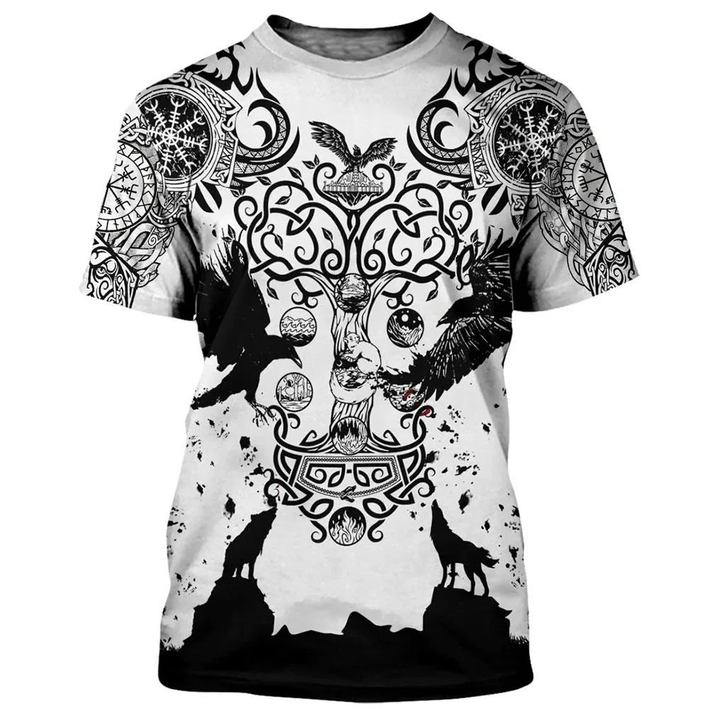 Vintage Viking Print T-shirt Men\'s Summer Casual O-neck Short Sleeve Top Hip Hop Harajuku T Shirt Male Oversized  Men Clothing