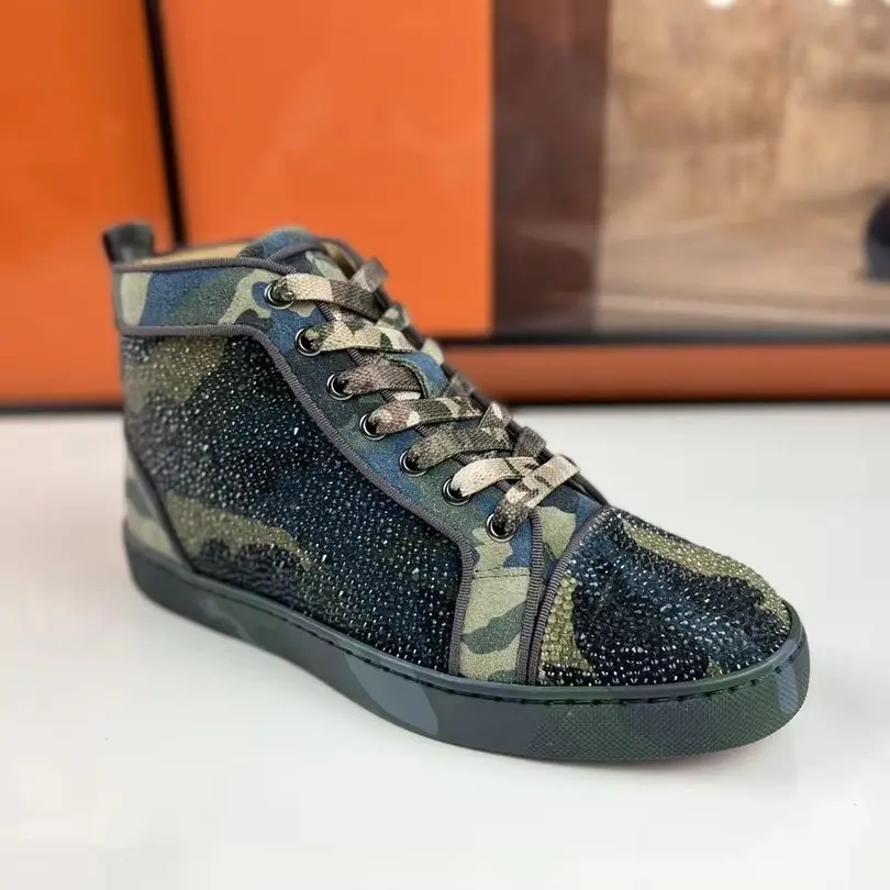 Luxury High Top Camo Rhinestone Leather Spiked Studded Trainers Lace Up Flats Red Bottom Shoes For Men Wedding Casual Shoes