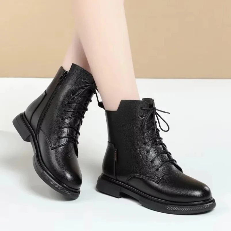 

2025 осенне-зимние ботинки с перекрестным ремешком и боковой молнией, мягкие ботинки на плоской подошве, шерстяные ботинки большого размера из натуральной кожи, женские зимние сапоги