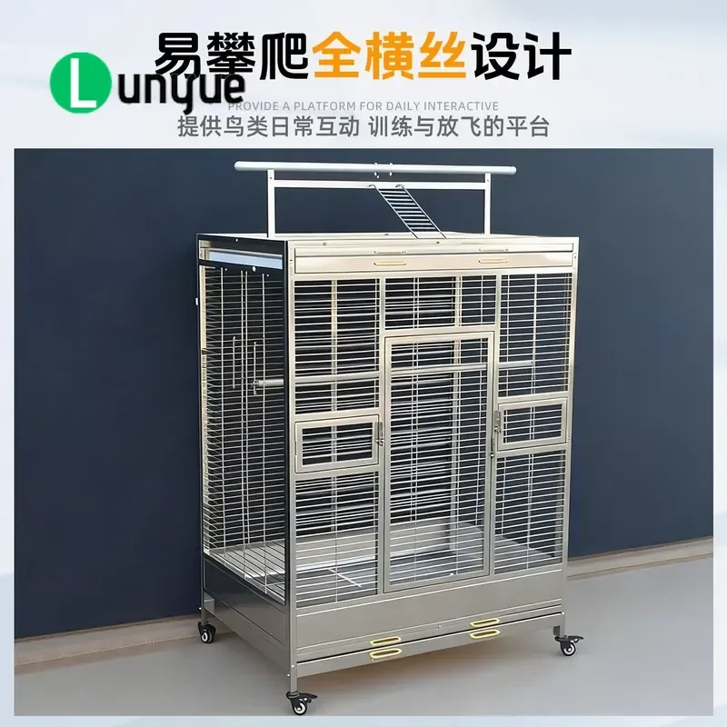 304 Stainless Steel Bird Cage Large Parrot Starling Cage Splash Proof Stand Frame Full Horizontal Wire Design Durable Easy