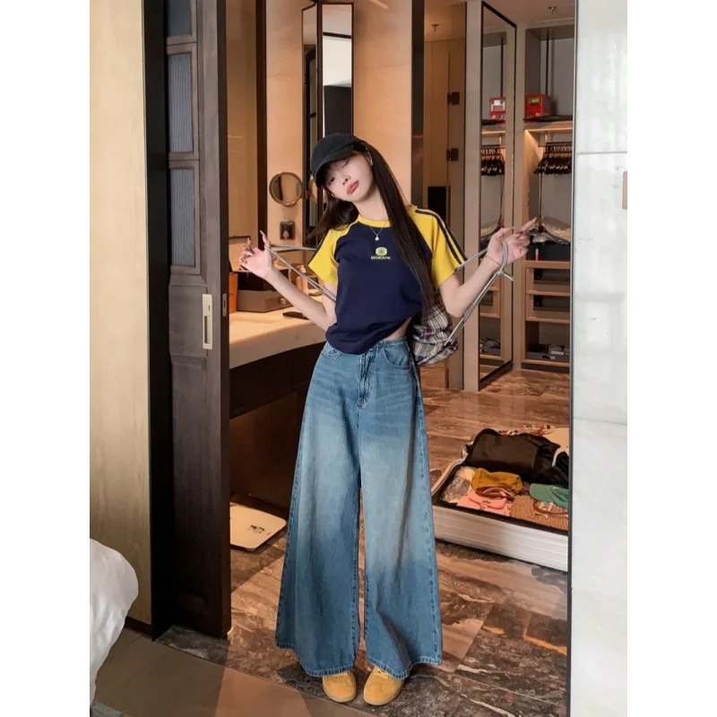 Neue Jeans mit weitem Bein im amerikanischen Stil für Damen, gewaschenes Vintage-Design, gerade, lockere Hose mit großem Saum