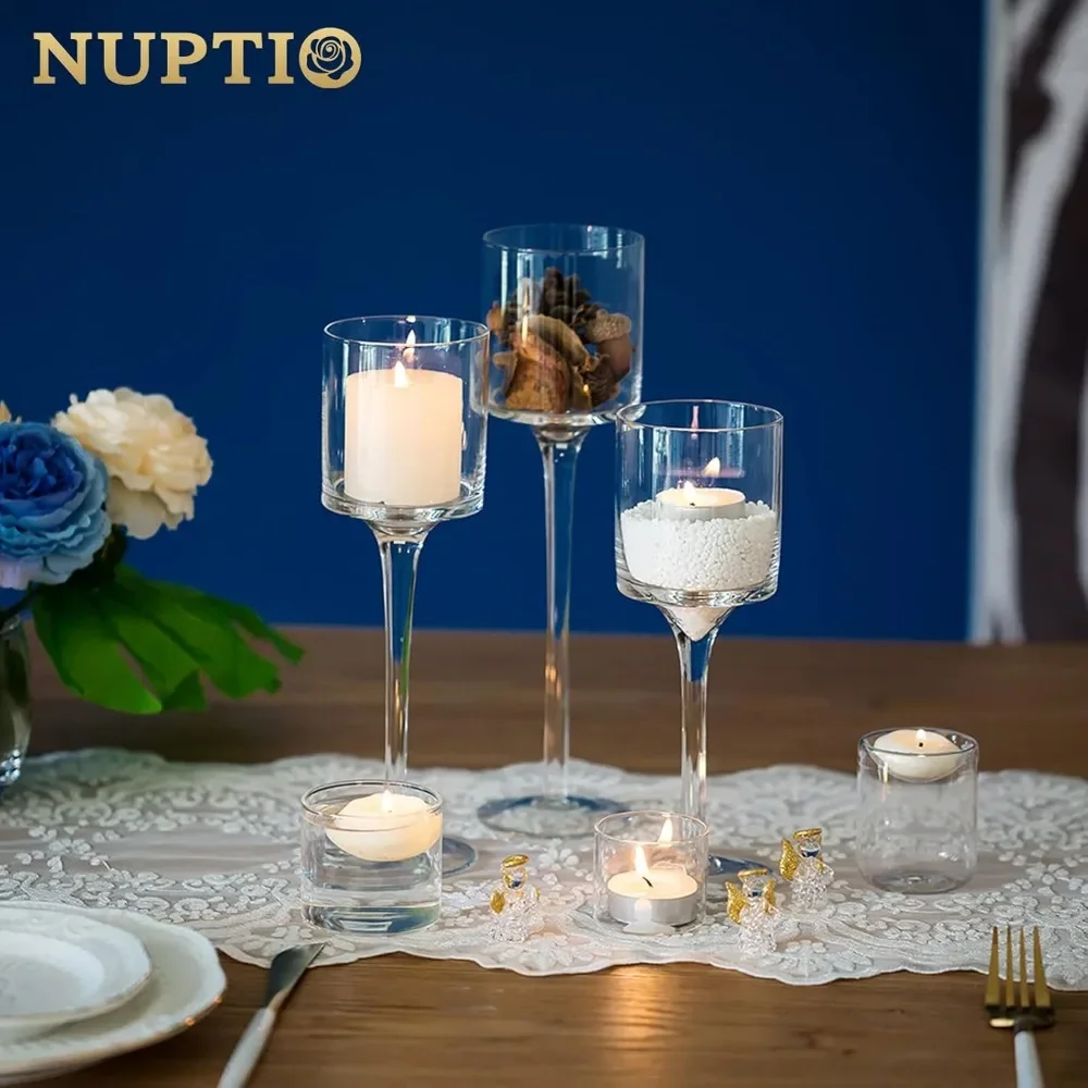 Tall Glass Candle Holder for Pillar 18 Pcs Candle Holders for Floating Candles Clear Long Stem Stand Candleholder Centerpiece