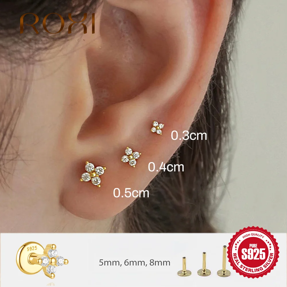 ROXI 925 Sterling Silver Multi-size Four-petal Flower For Women Cartilage Helix Flat Back Piercing Earring Dainty Jewelry Gifts