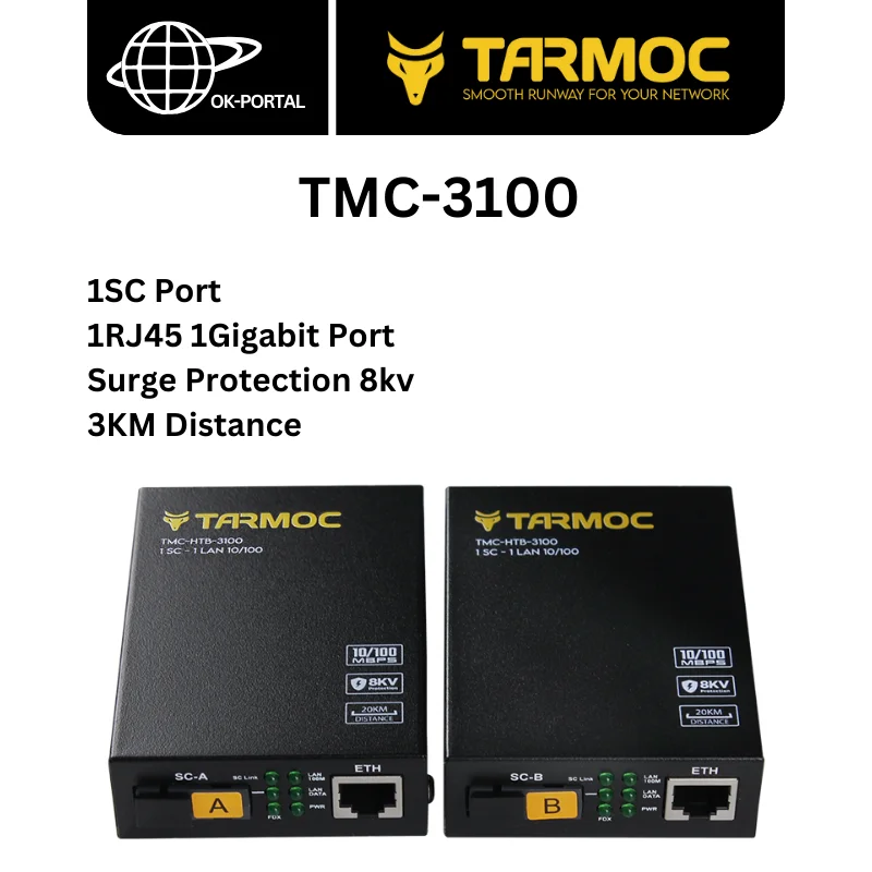 Tarmoc TMC-3100 Fiber Transceiver Media Converter 1SC+1RJ45 100Mbps Surge Protection Single Mode Single Fiber