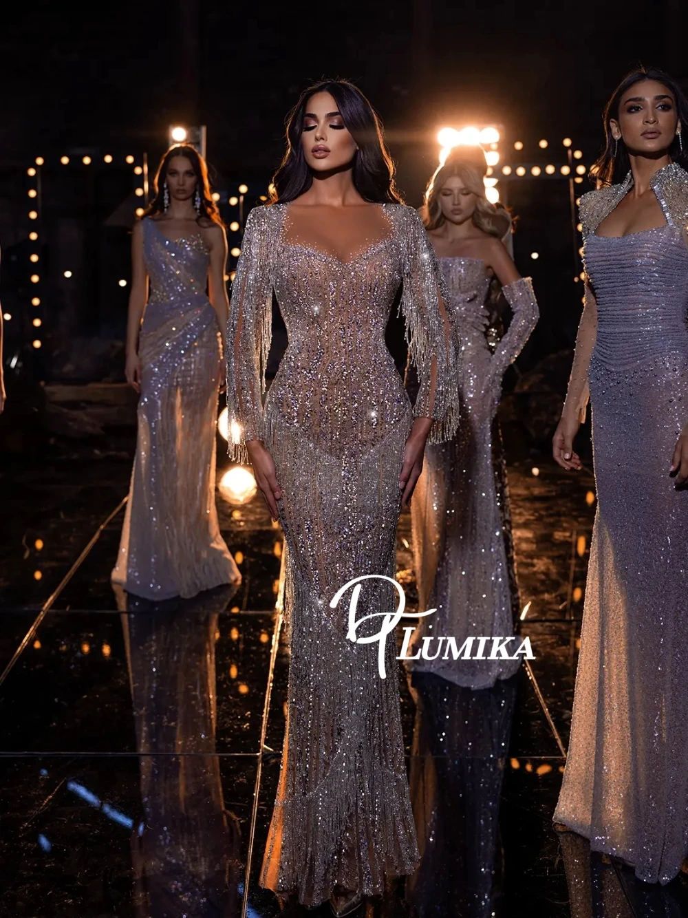 

Full Sequin Embellished Evening Dress Sheer Mesh Long Tassel Sleeves Fitted Mermaid Prom Gown Luxury Formal Party Shiny Wear