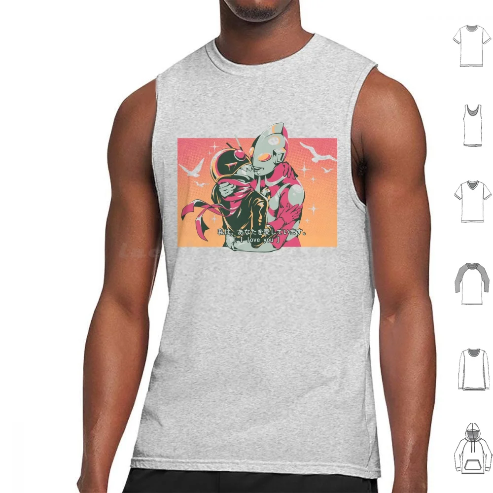 Tokusatsu Love Tank Tops Print Cotton Ilustrata Tokusatsu Sentai Japan Japanese Hero Kissing Love Nostalgic Retro Series