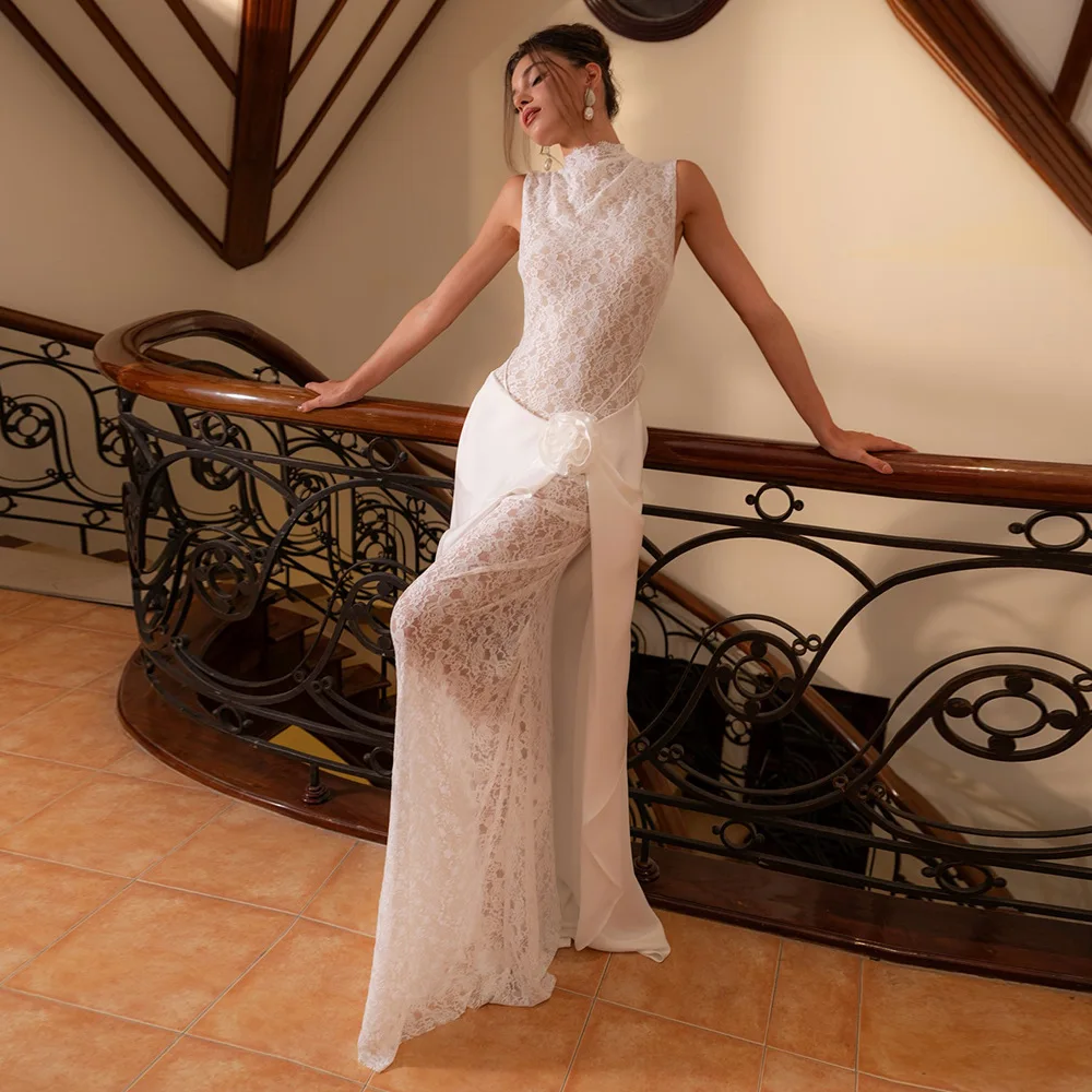 

Sleeveless Mermaid Lace Wedding Dress For Women 3D Flowers White Lace & Chiffon Asymmetric Maxi Dress Elegant Evening Dress
