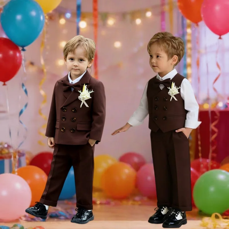 Handsome Kids Double-breasted Suit Set Flower Boys First Birthday Photography Outfit Children's Piano Performance Costume