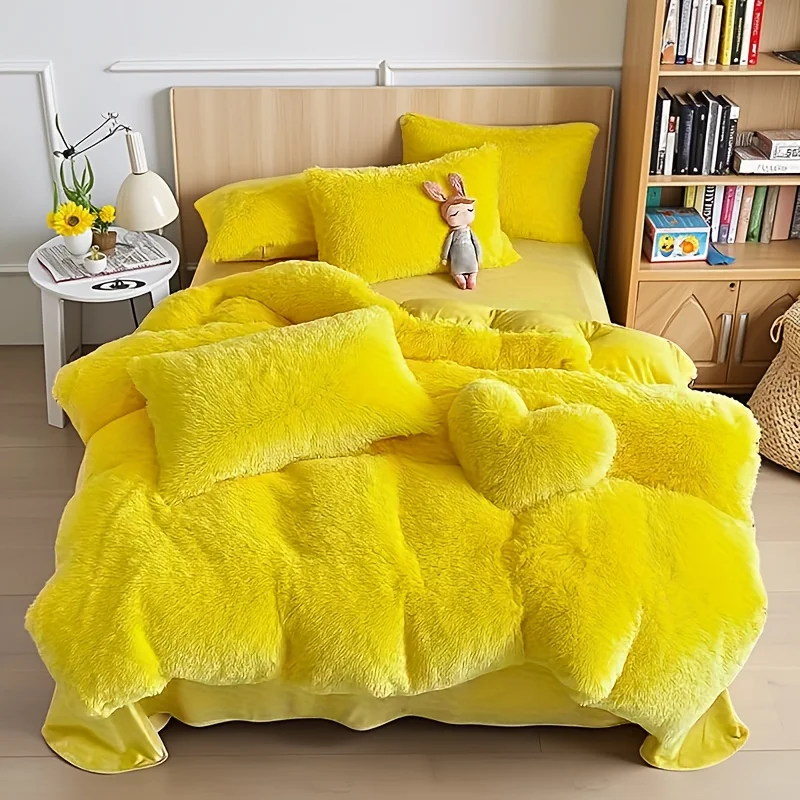 

Set of 3/4 Artificial Plush Duvet Covers (1 Duvet Cover, 1 Or 2 Pillowcases, 1 Love Pillow), Cozy And Soft Bedding, Solid Color