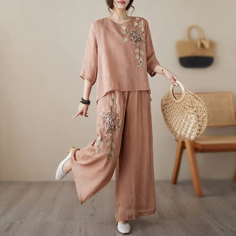 Summer Women Pant Sets Retro Linen Light And Thin Shirt Embroidered Casual Pullover Ramie Top + Trousers Female Outfits Z1695