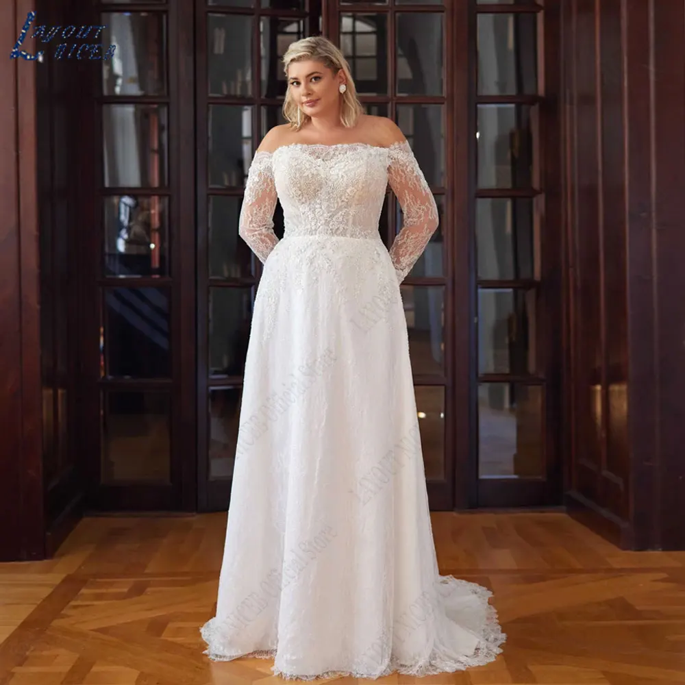 LAYOUT NICEB Boothals A-lijn Trouwjurken Appliques Plus Size Bride Gowns Lace Tulle 2024 فساتين مقاسات كبيرة op maat gemaaktLAYOUT NICEB Boothals A-lijn Trouwjurken Appliques Plus Size Bride Gowns Lace Tulle 2024 فساتي