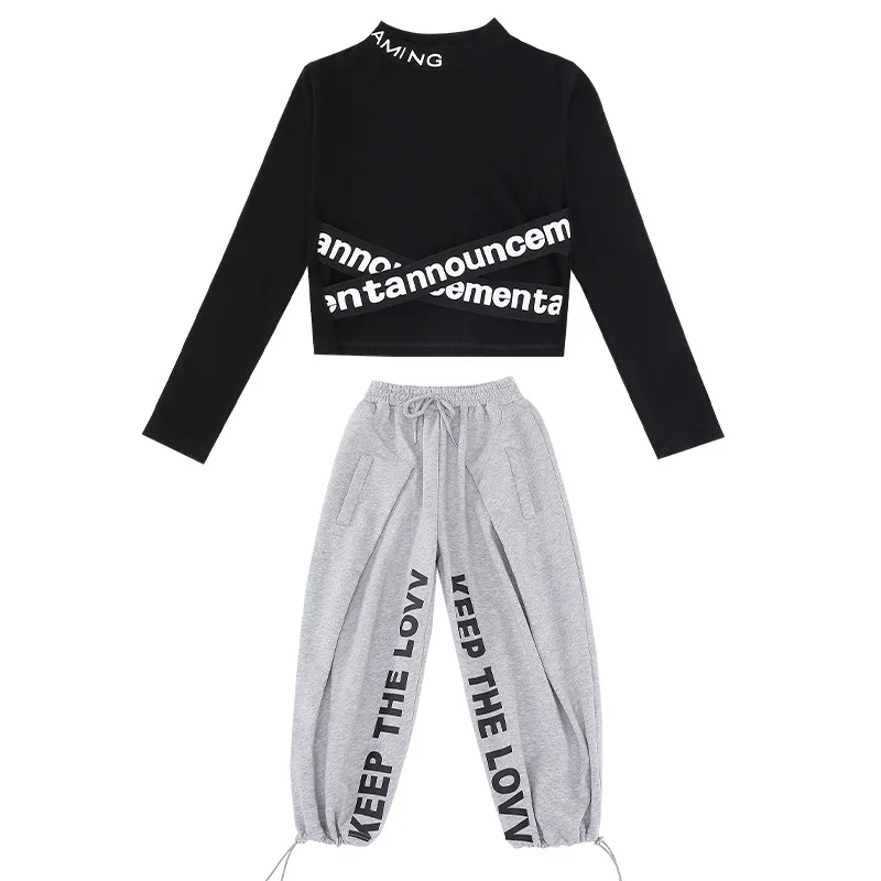 Hip-Hop O-Neck Letter Long Sleeve Pure Cotton Suits Children's Clothing Girls Jazz Tracksuit Spring Hip hop Dance Costumes Kids