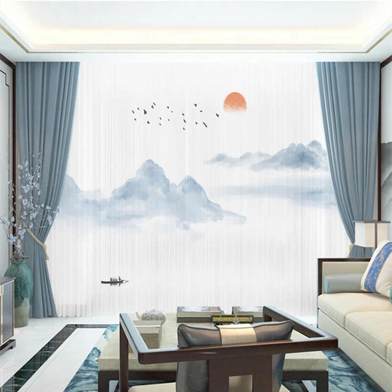 

Custom Chiffon Sheer Curtain Window Drape for Bedroom Living Room Mountain Hills River Boat Sunrise Trees Landscape