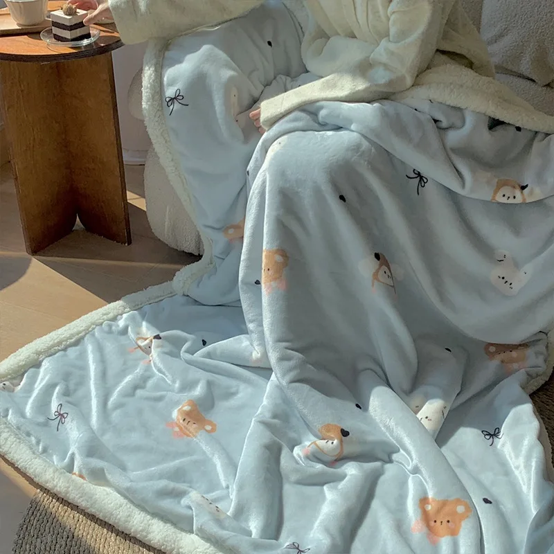 Korean Cartoon Printed Plush Blanket A-Side Milk Velvet B-Side Lamb Velvet Sofa Cover Thick Nap Shawl Blanket for Home Dormitory