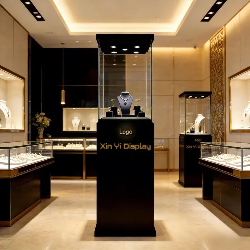 custom.Custom High-End Modern Jewelry Cabinet Stainless Steel Frame LED Lighting Eco-Friendly Storage Retail Show