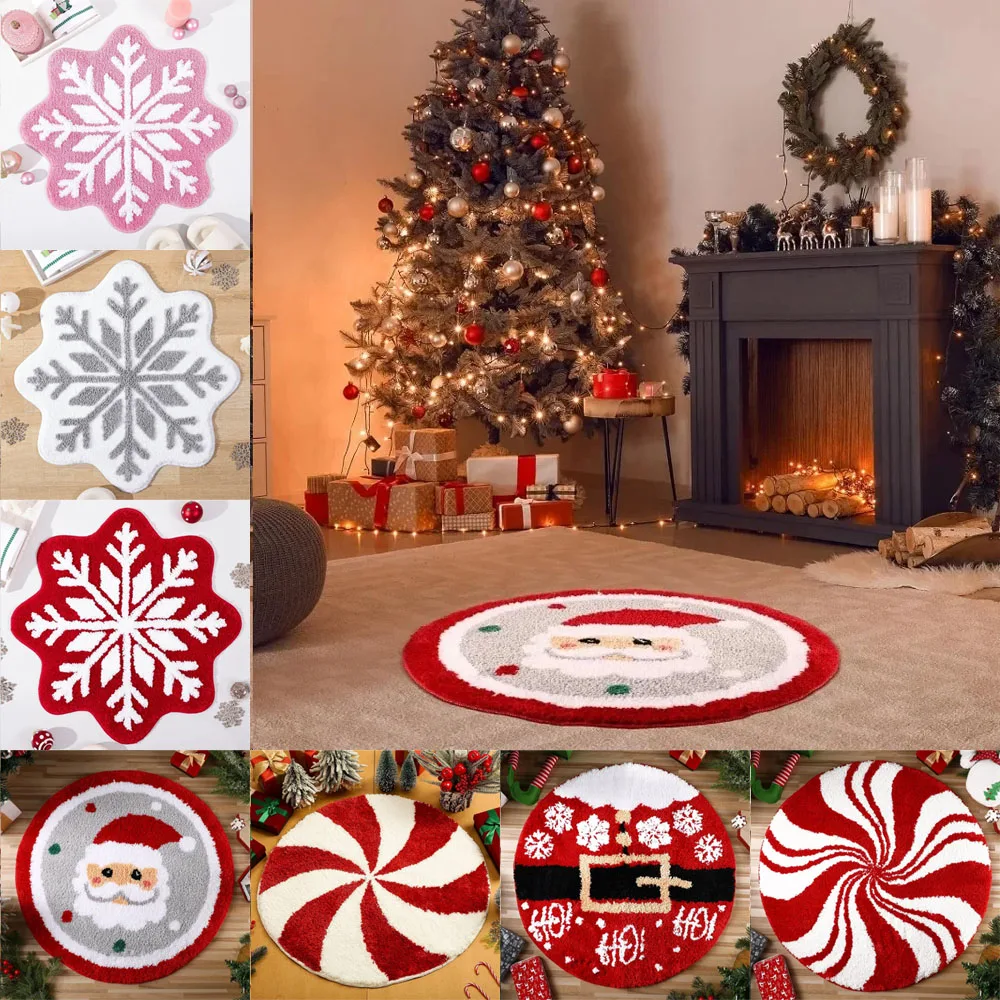 

1PC Christmas Round Carpet Thickened Imitation Cashmere Mat Bathroom Washable Absorbent Non-slip Carpet Holiday Party Decoration