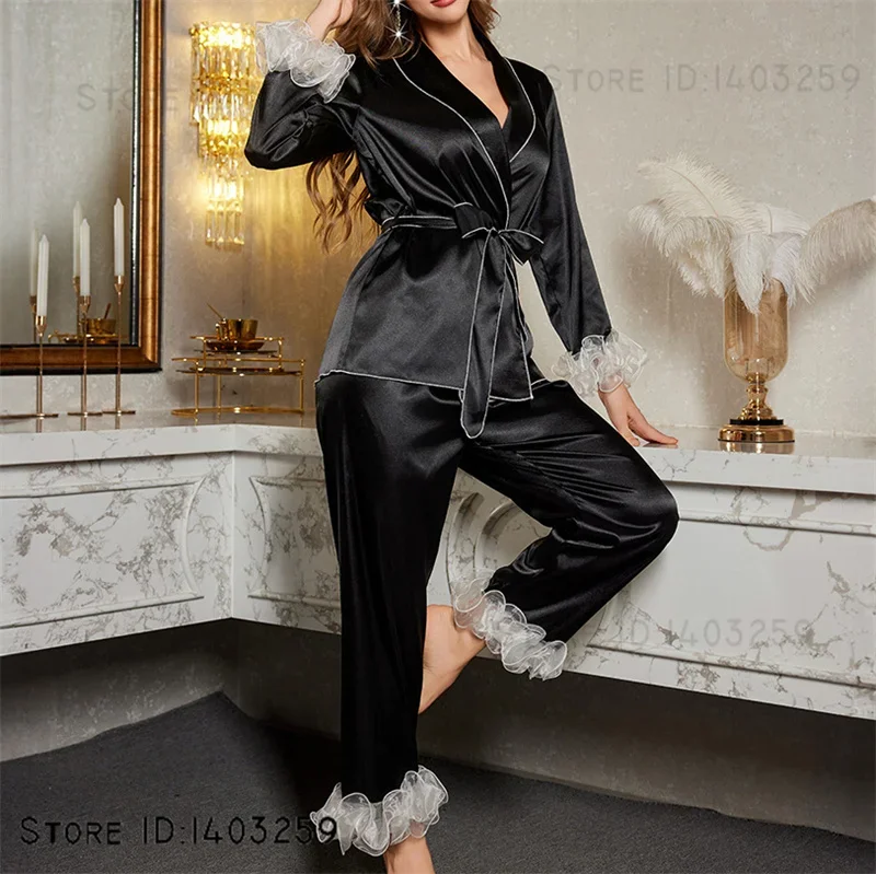 Women Pajamaas 2-Piece Set Fashion Ics Silk Home Clothes Long Sleeve Cardigan Trouser Pijamas Suits Loose Sleepwear Lounge Wear