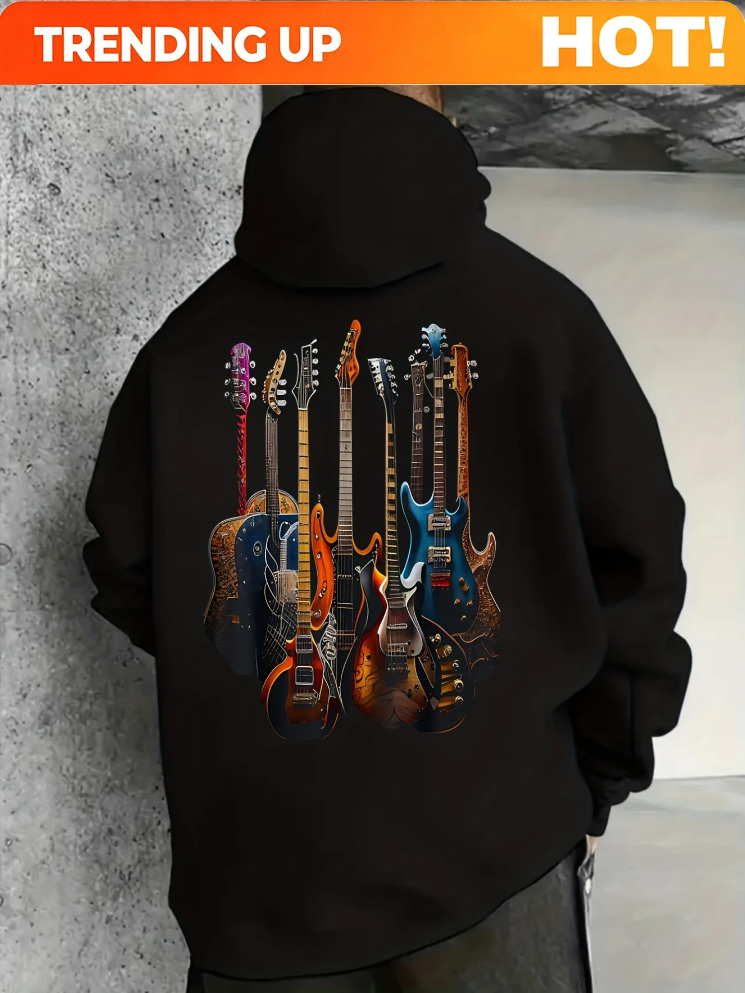 Customization Men'S Electric Guitar Graphic Hooded Sweatshirt - Black With Multicolor Electric Guitar Print, Kangaroo Pocket, Co