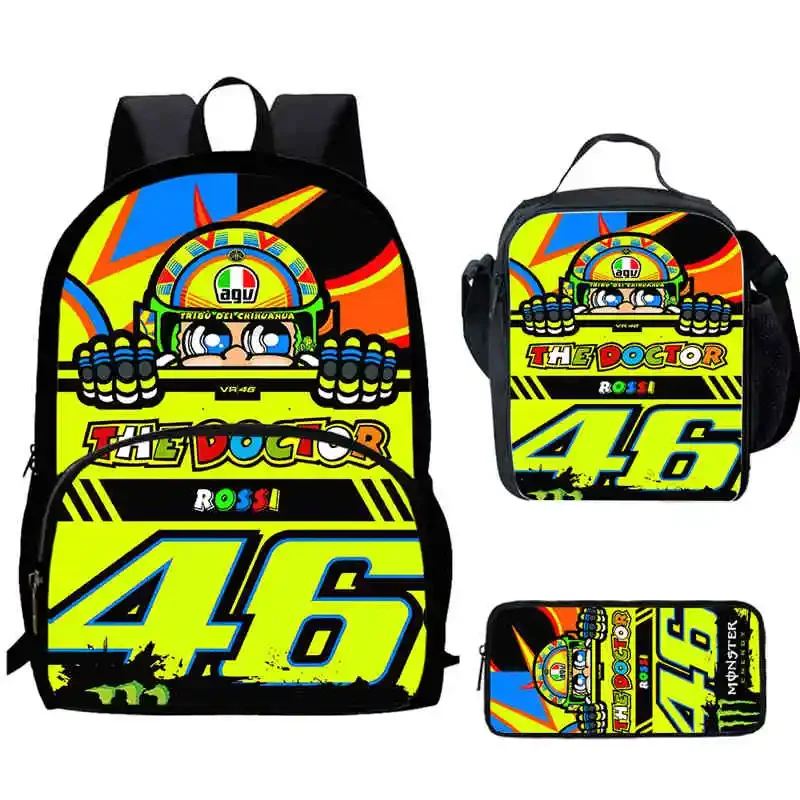 Cartoon VR-46-Racing-Team Child Backpack with Front Pocket,Lunch Bags,Pencil Bags for Aged 5-10 Anime Bags Boys Girls,Best Gift