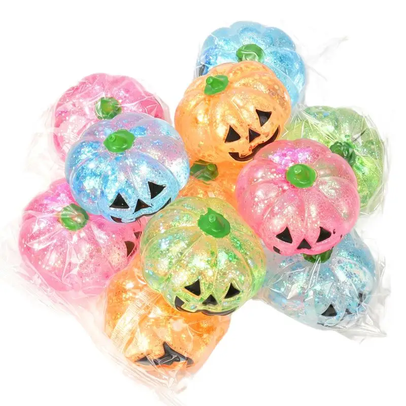 Halloween Pumpkin Sequins Filled Squeeze Toy Glitter Stress Relief Fidget Sensory Toy for Kids Party Game Prizes