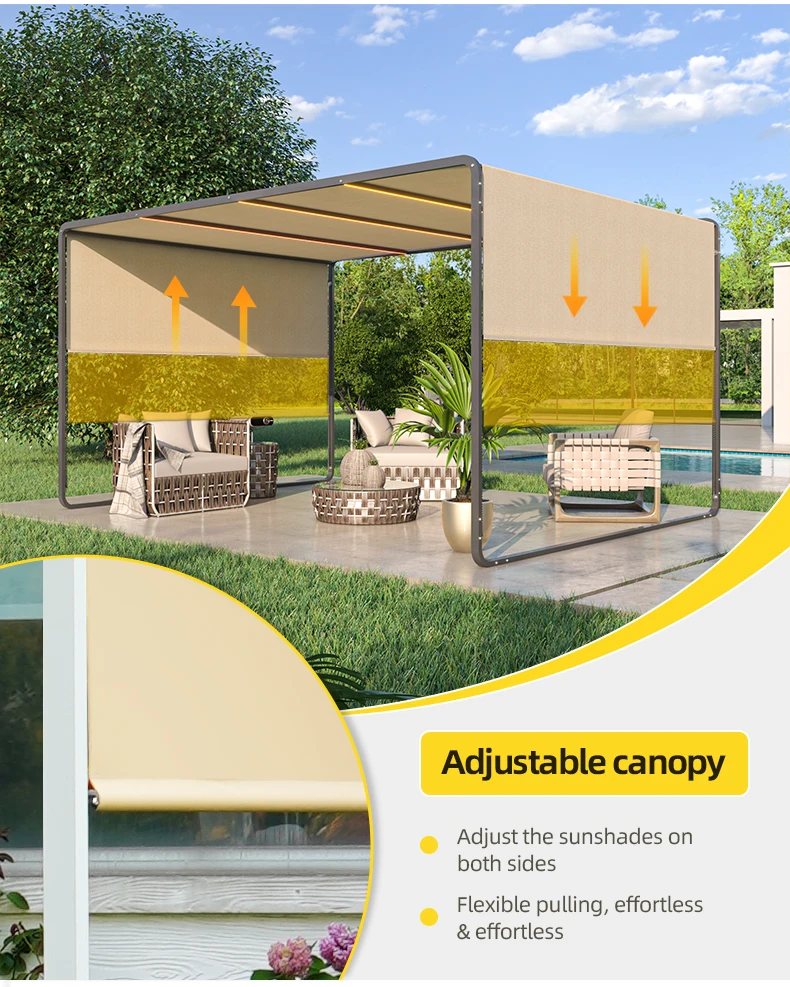 Any Size Custom Outdoor Sun Tracking Aluminum Bioclimatic Pergola Waterproof Fabric Sun Shade Sail With Curtains