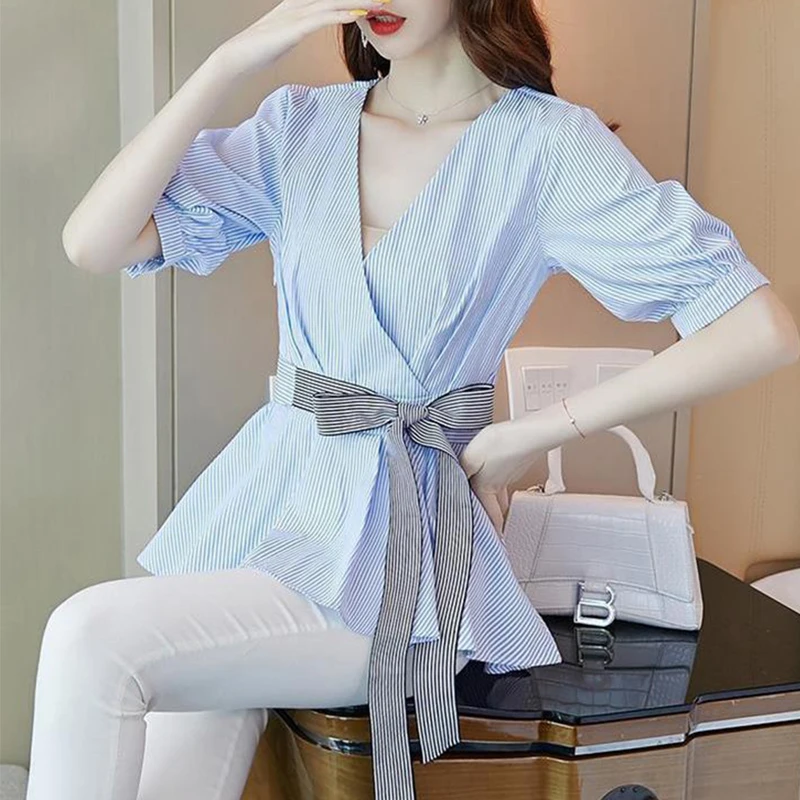 Back Button Big Bow Sashes White Blouse Summer Women Korean Sweet Wrap Vneck Peplum Office Elegant Chic Two Wear Shirts Top 2022